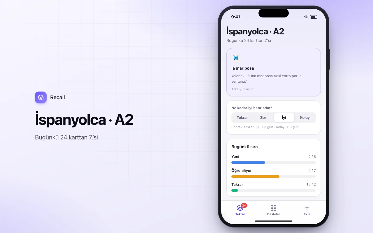 Aralıklı tekrar bilgi kartları: İspanyolca · A2 ekranı