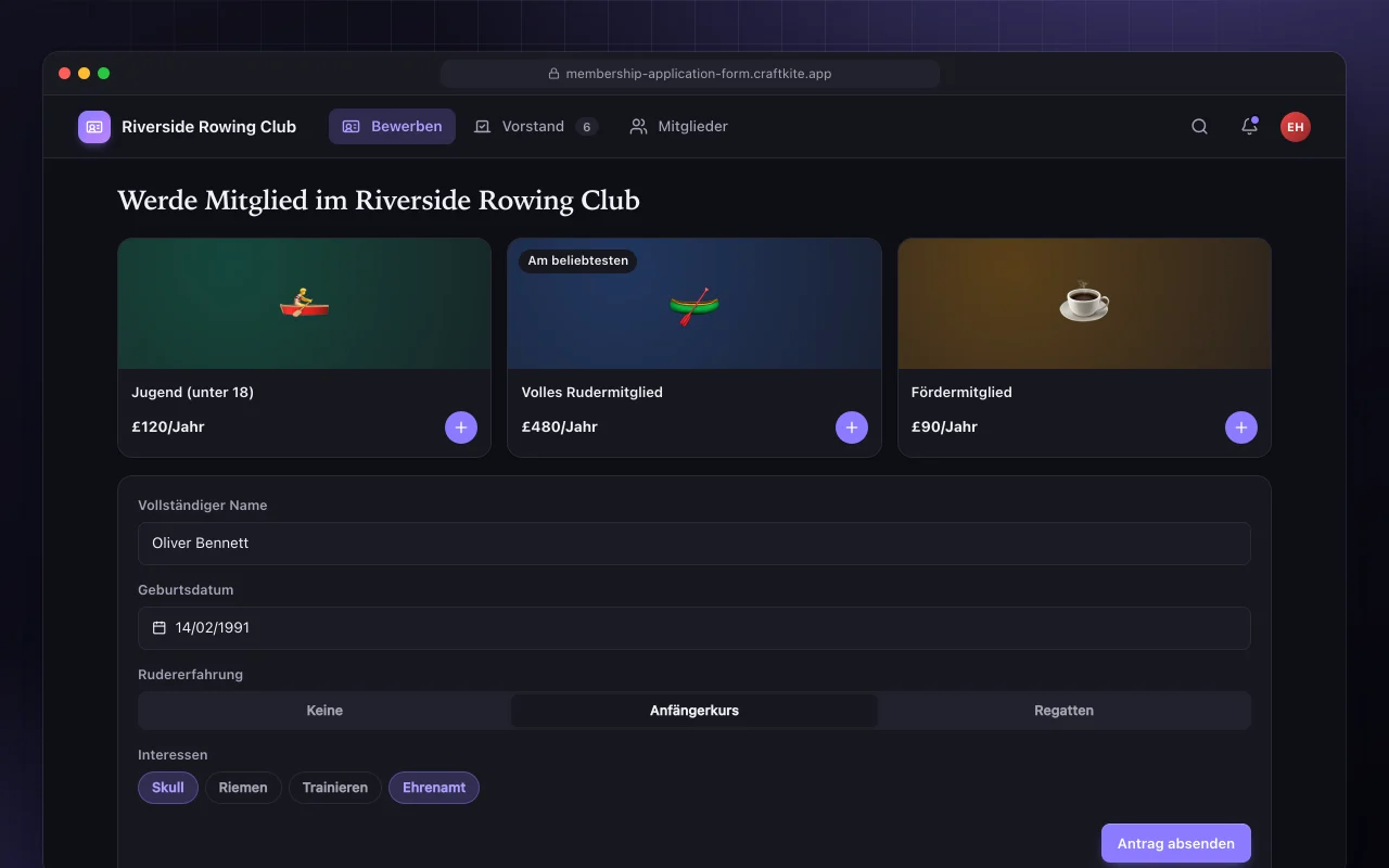 Mitgliedsantrag: der Bildschirm „Werde Mitglied im Riverside Rowing Club“