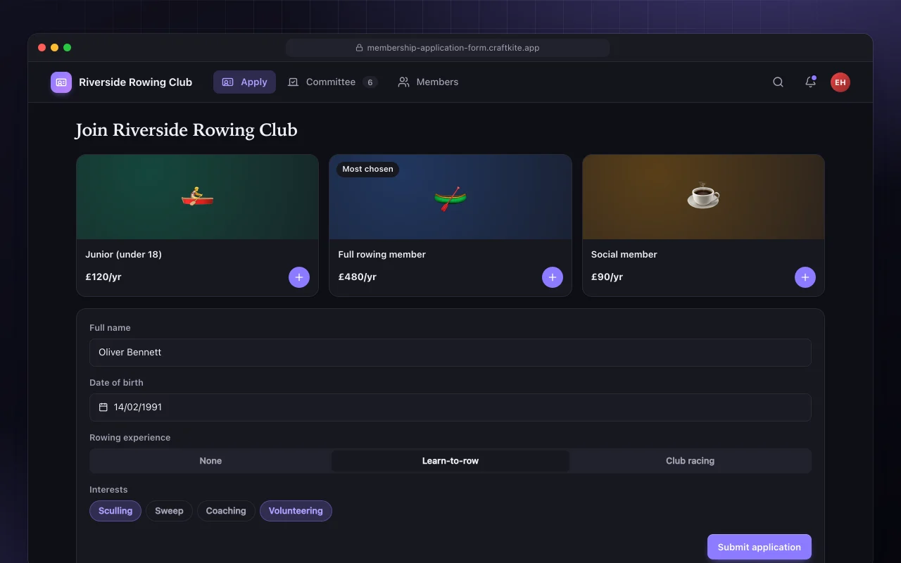 Membership application: the Join Riverside Rowing Club screen