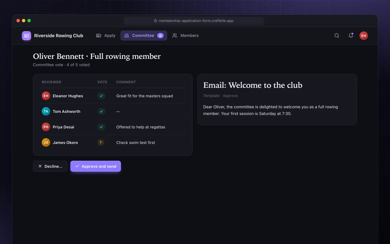 Membership application: the Oliver Bennett · Full rowing member screen