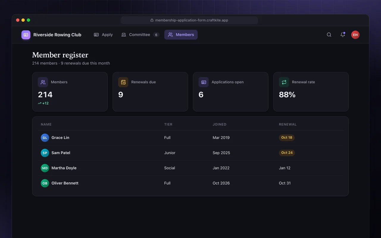 Membership application: the Member register screen