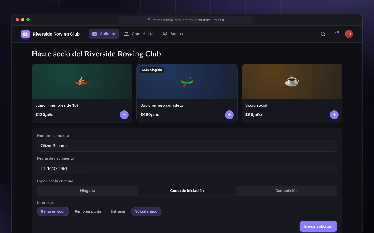 Solicitud de socio: la pantalla Hazte socio del Riverside Rowing Club