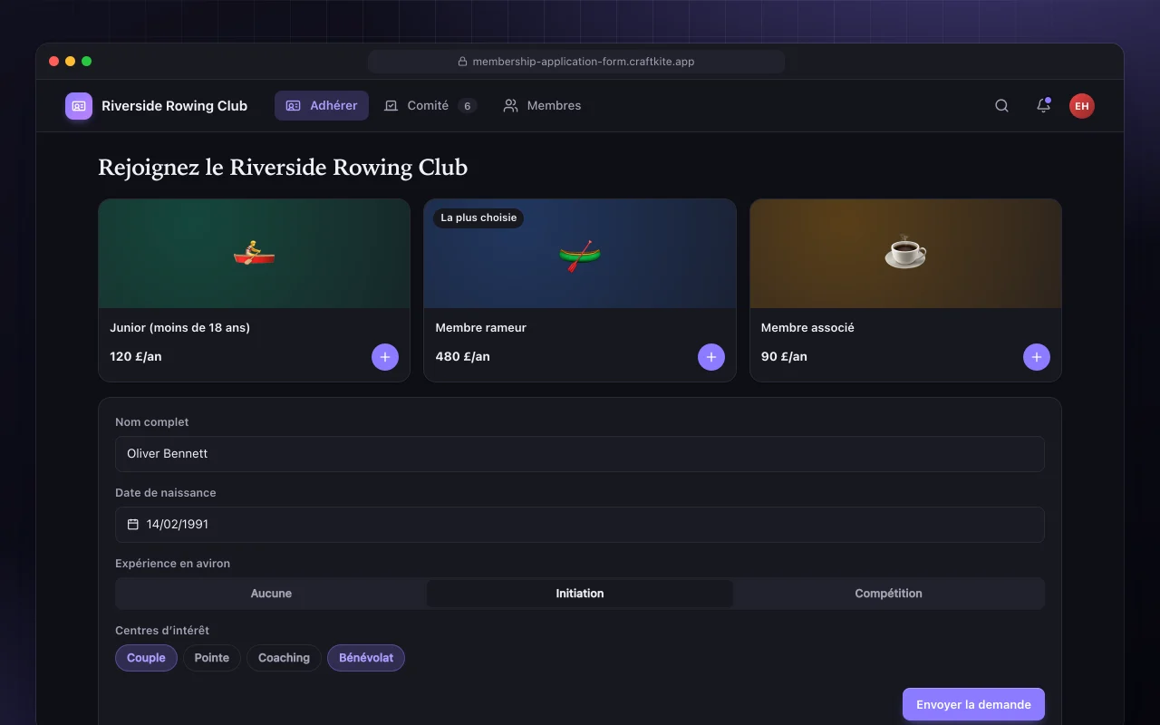 Demande d’adhésion : l’écran Rejoignez le Riverside Rowing Club