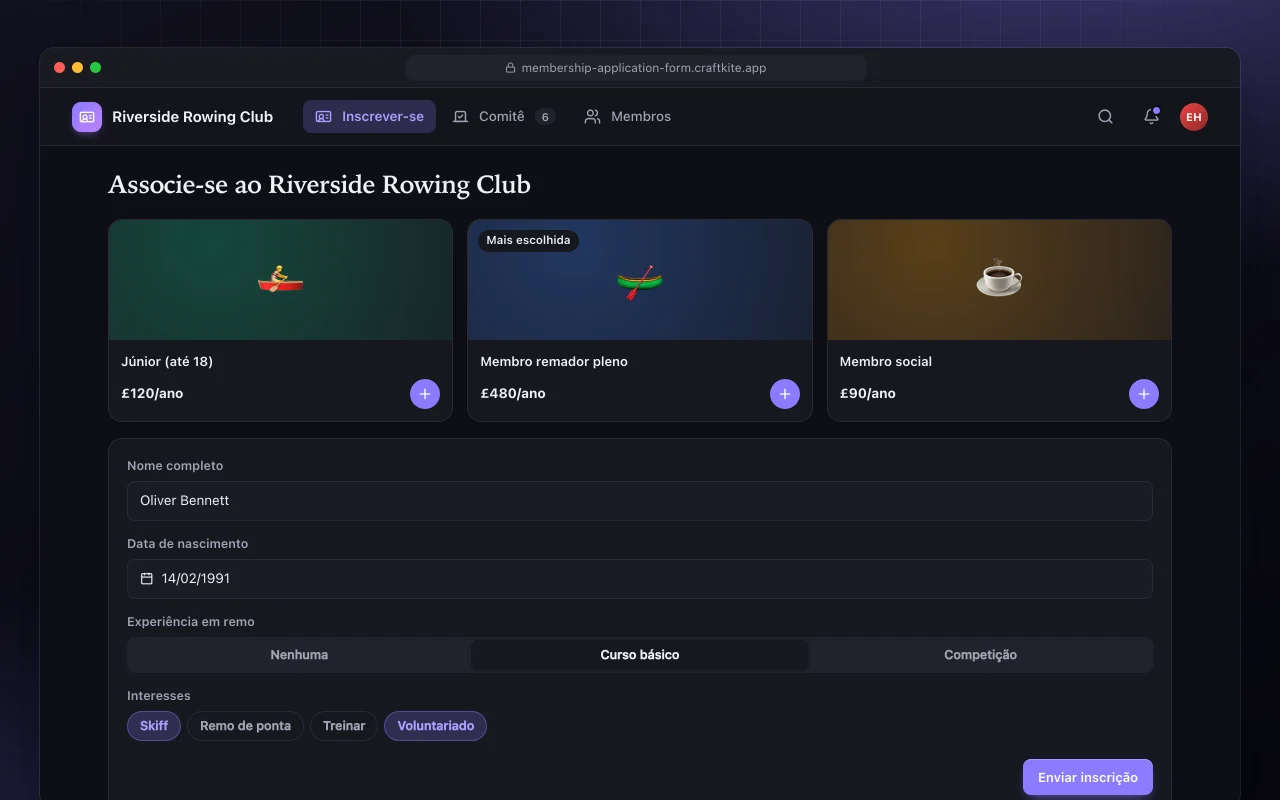 Pedido de associação: a tela Associe-se ao Riverside Rowing Club