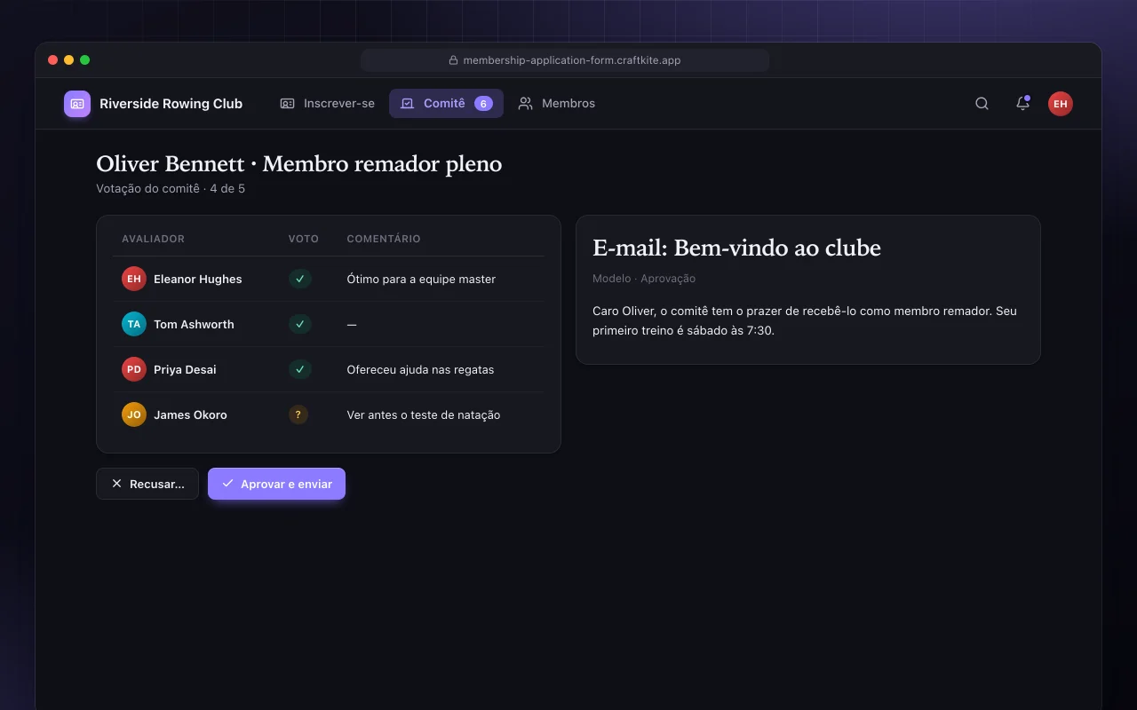 Pedido de associação: a tela Oliver Bennett · Membro remador pleno