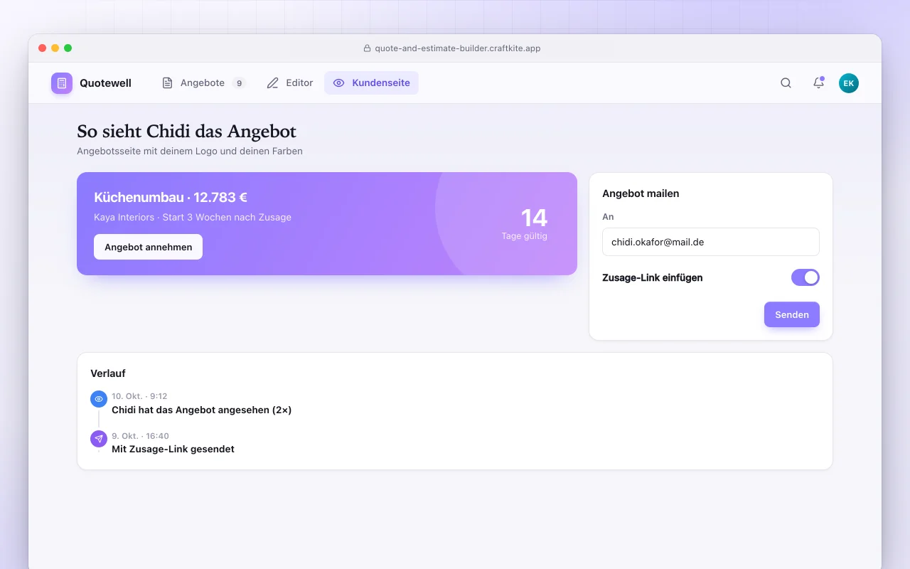 Angebots- und Kostenvoranschlags-Tool: der Bildschirm „So sieht Chidi das Angebot“