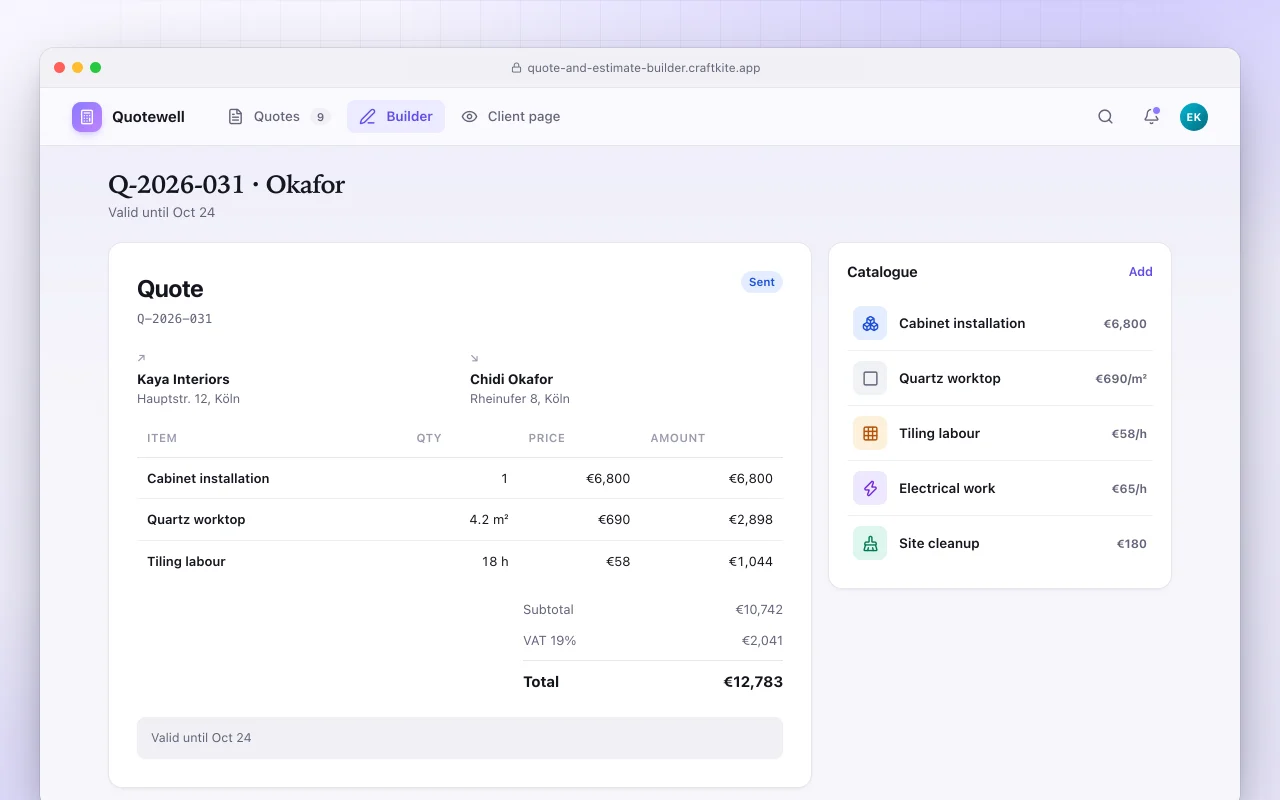 Quote and estimate builder: the Q-2026-031 · Okafor screen