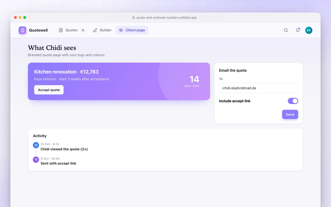 Quote and estimate builder: the What Chidi sees screen