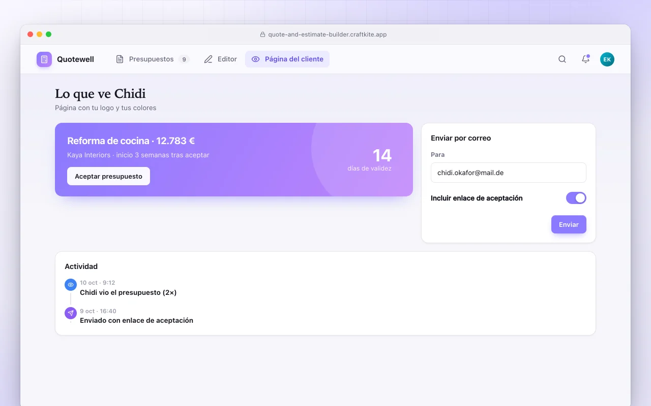 Creador de presupuestos y cotizaciones: la pantalla Lo que ve Chidi