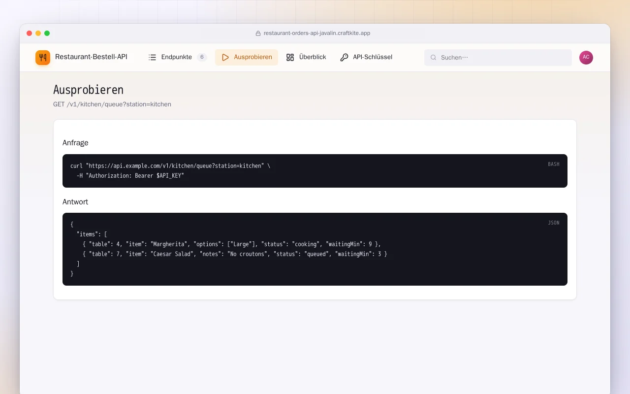 Restaurant-Bestell-API (Java): der Bildschirm „Ausprobieren“