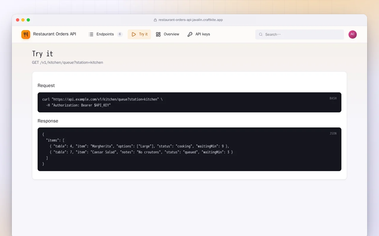 Restaurant Orders API (Java): the Try it screen