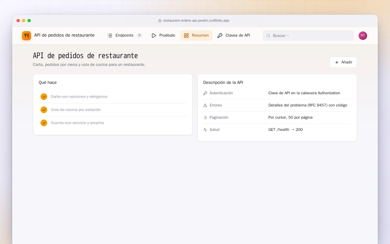API de pedidos de restaurante (Java): la pantalla API de pedidos de restaurante