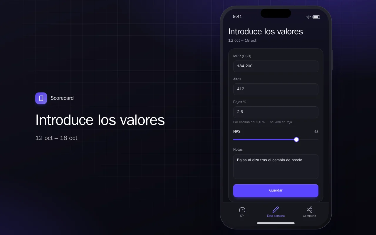 Cuadro de mando de KPI: la pantalla Introduce los valores