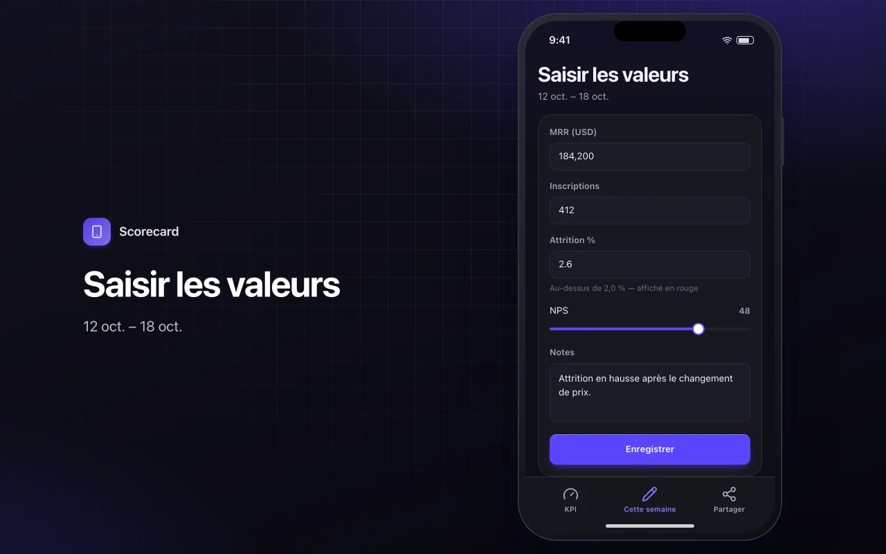 Tableau de bord des KPI : l’écran Saisir les valeurs