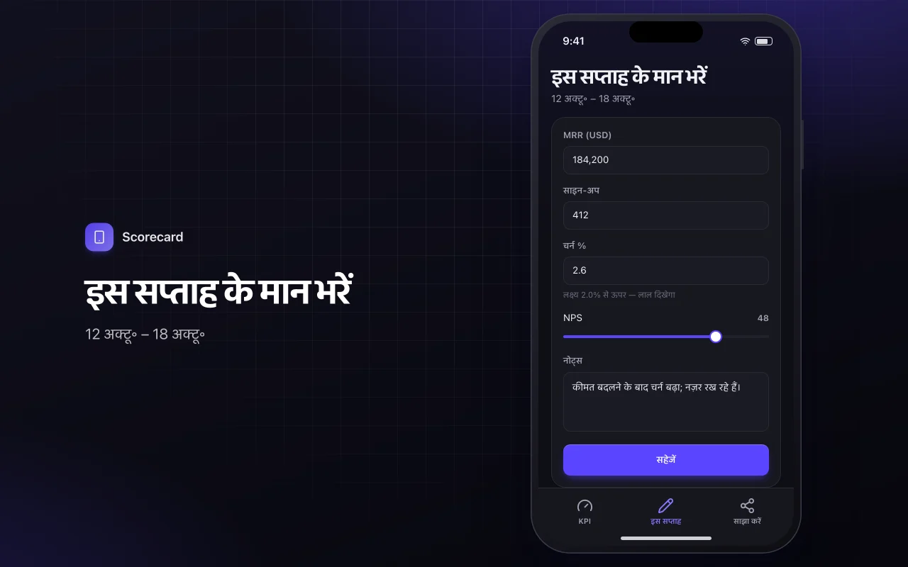 KPI स्कोरकार्ड: इस सप्ताह के मान भरें स्क्रीन