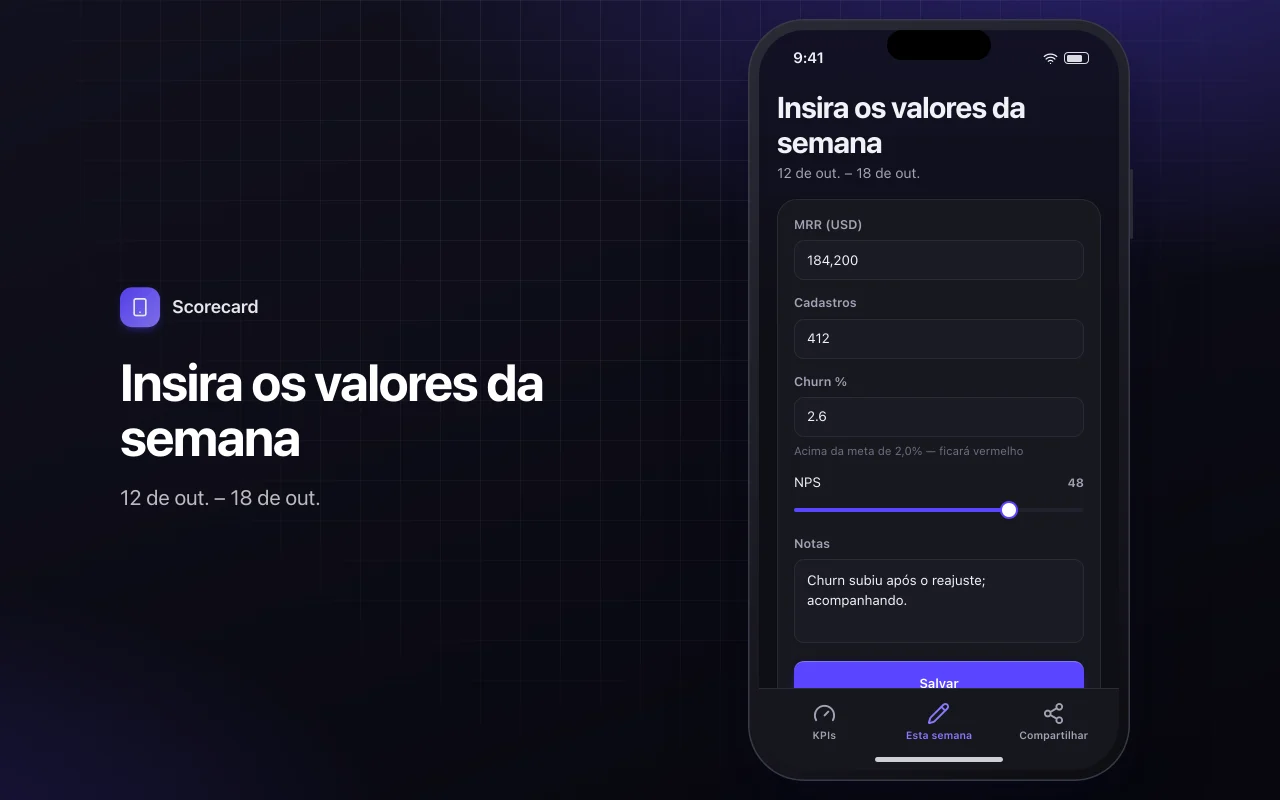Scorecard de KPIs: a tela Insira os valores da semana