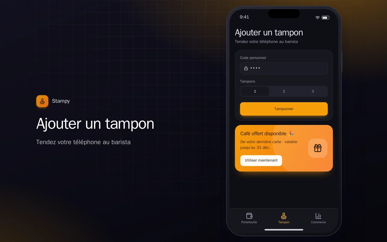Carte de fidélité numérique : l’écran Ajouter un tampon