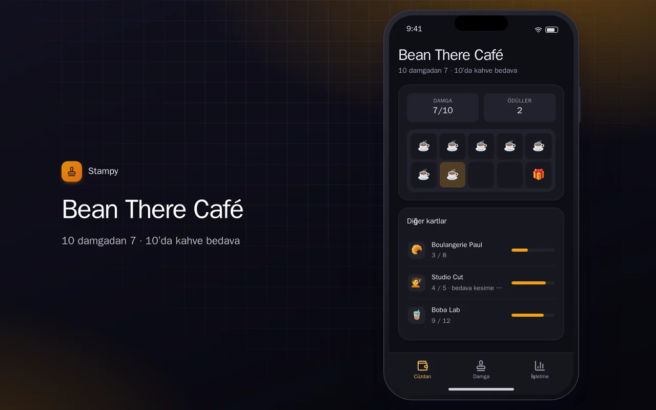 Dijital sadakat damga kartı: Bean There Café ekranı