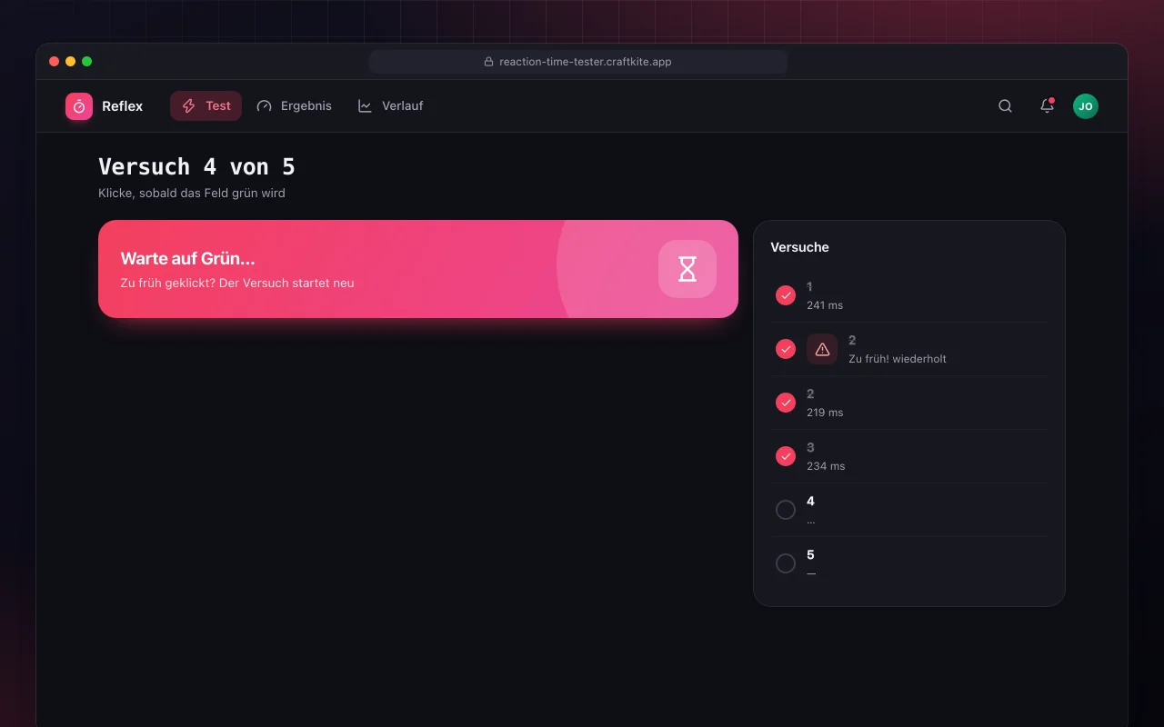 Reaktionszeit-Test: der Bildschirm „Versuch 4 von 5“