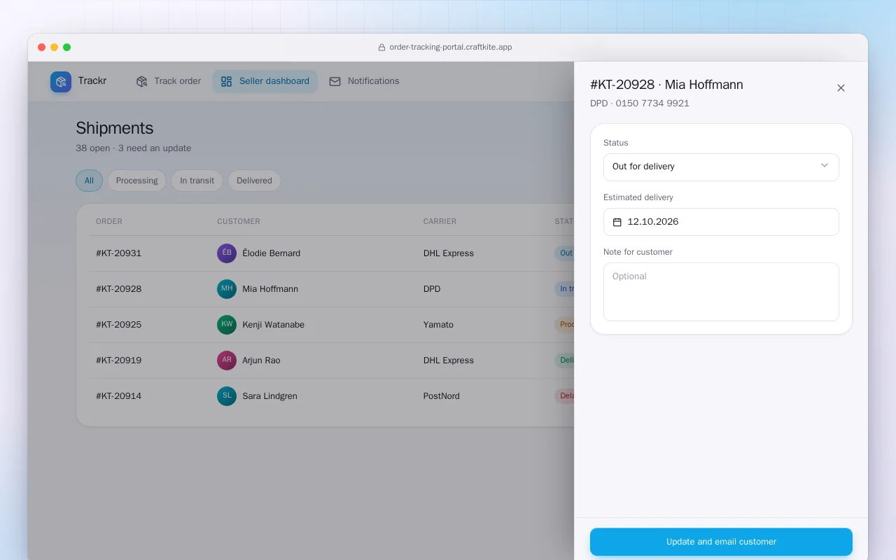 Order tracking portal: the Shipments screen