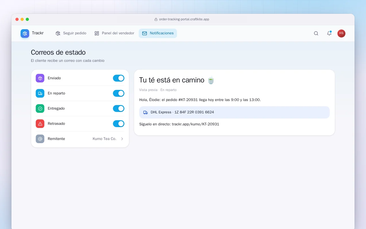 Portal de seguimiento de pedidos: la pantalla Correos de estado