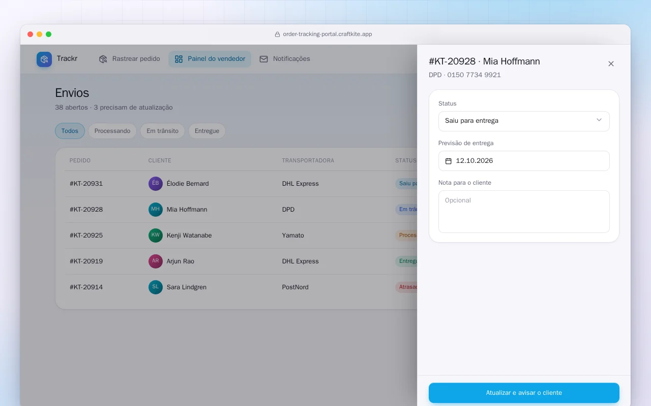 Portal de rastreamento de pedidos: a tela Envios