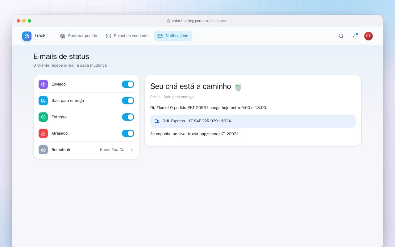 Portal de rastreamento de pedidos: a tela E-mails de status