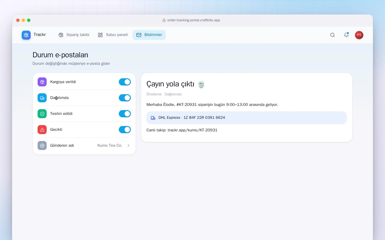 Sipariş takip portalı: Durum e-postaları ekranı