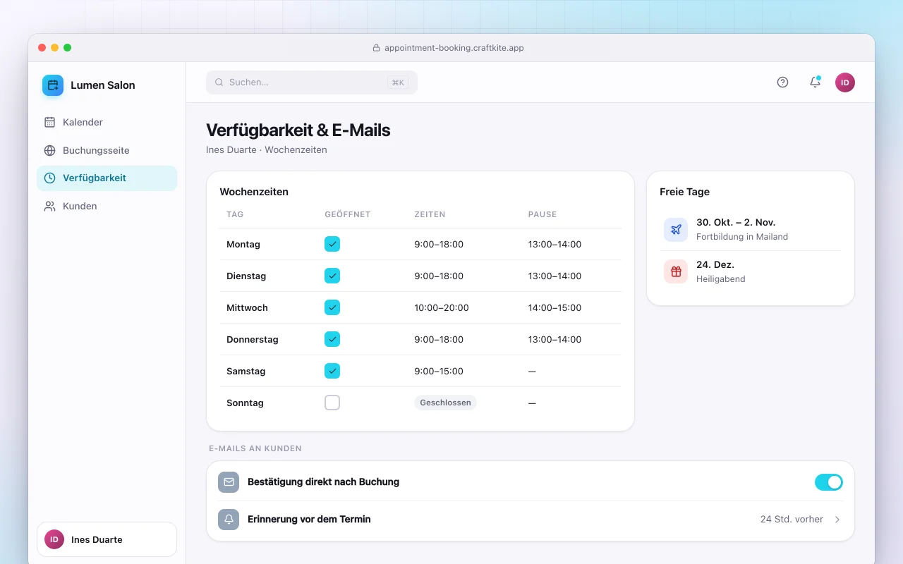 Terminbuchung: der Bildschirm „Verfügbarkeit & E-Mails“