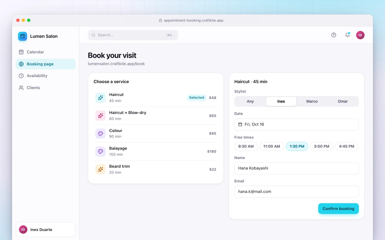 Appointment booking: the Book your visit screen