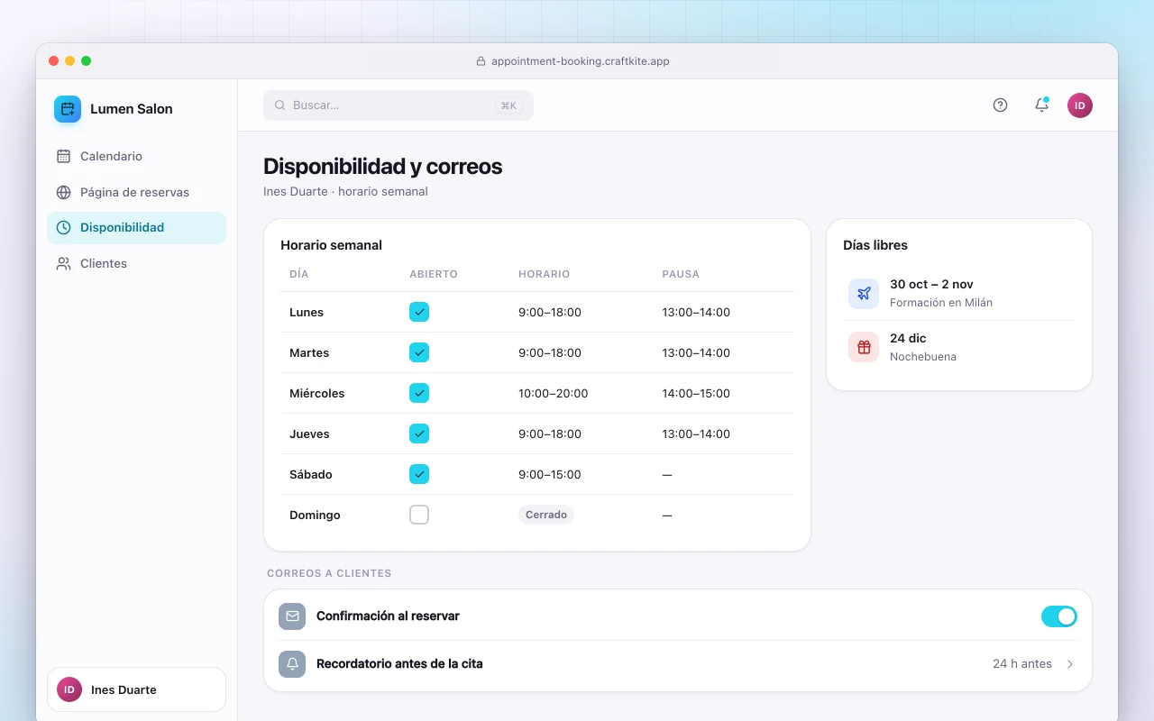 Reserva de citas: la pantalla Disponibilidad y correos