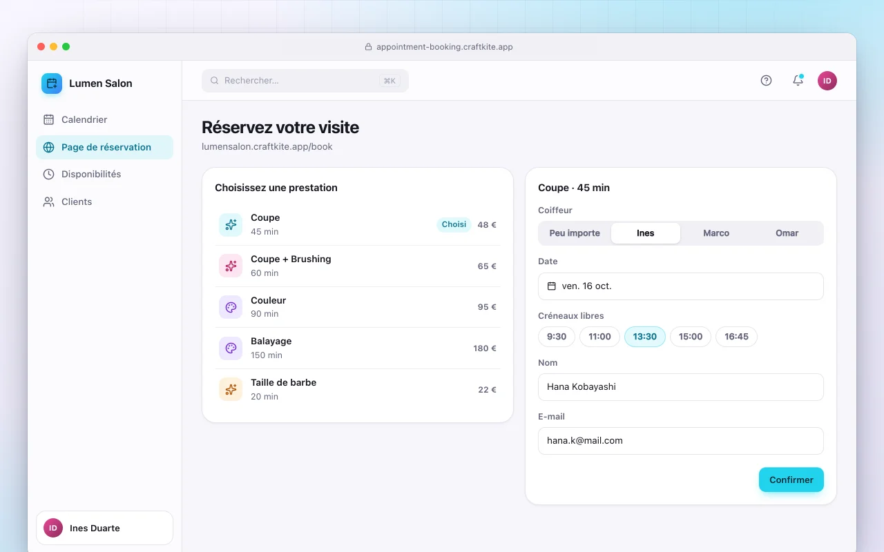 Prise de rendez-vous : l’écran Réservez votre visite