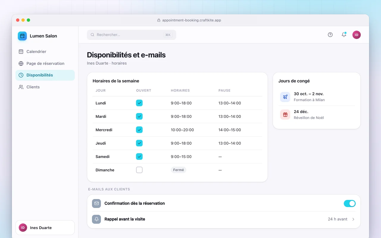 Prise de rendez-vous : l’écran Disponibilités et e-mails
