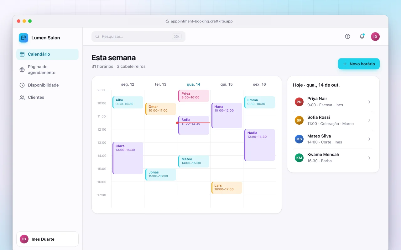 Agendamento de horários: a tela Esta semana