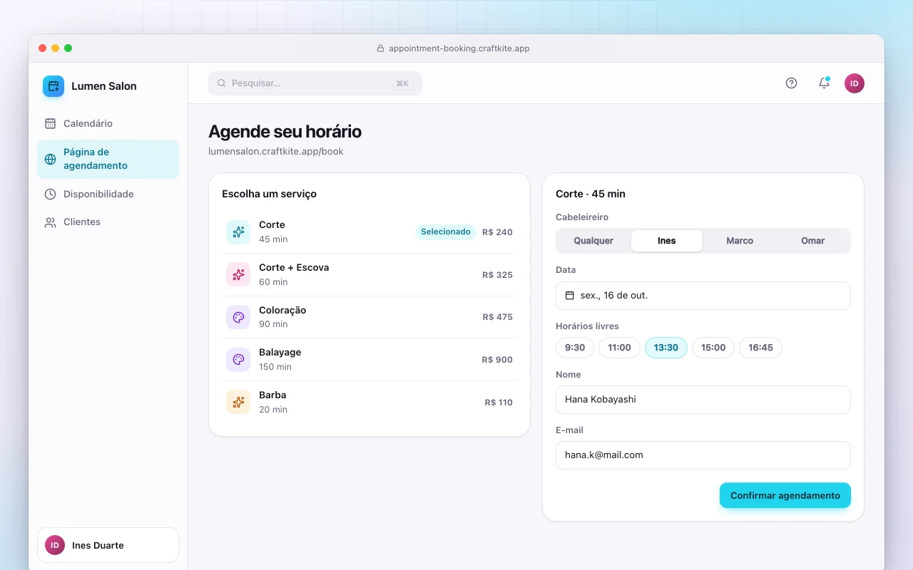 Agendamento de horários: a tela Agende seu horário