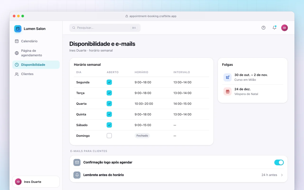 Agendamento de horários: a tela Disponibilidade e e-mails