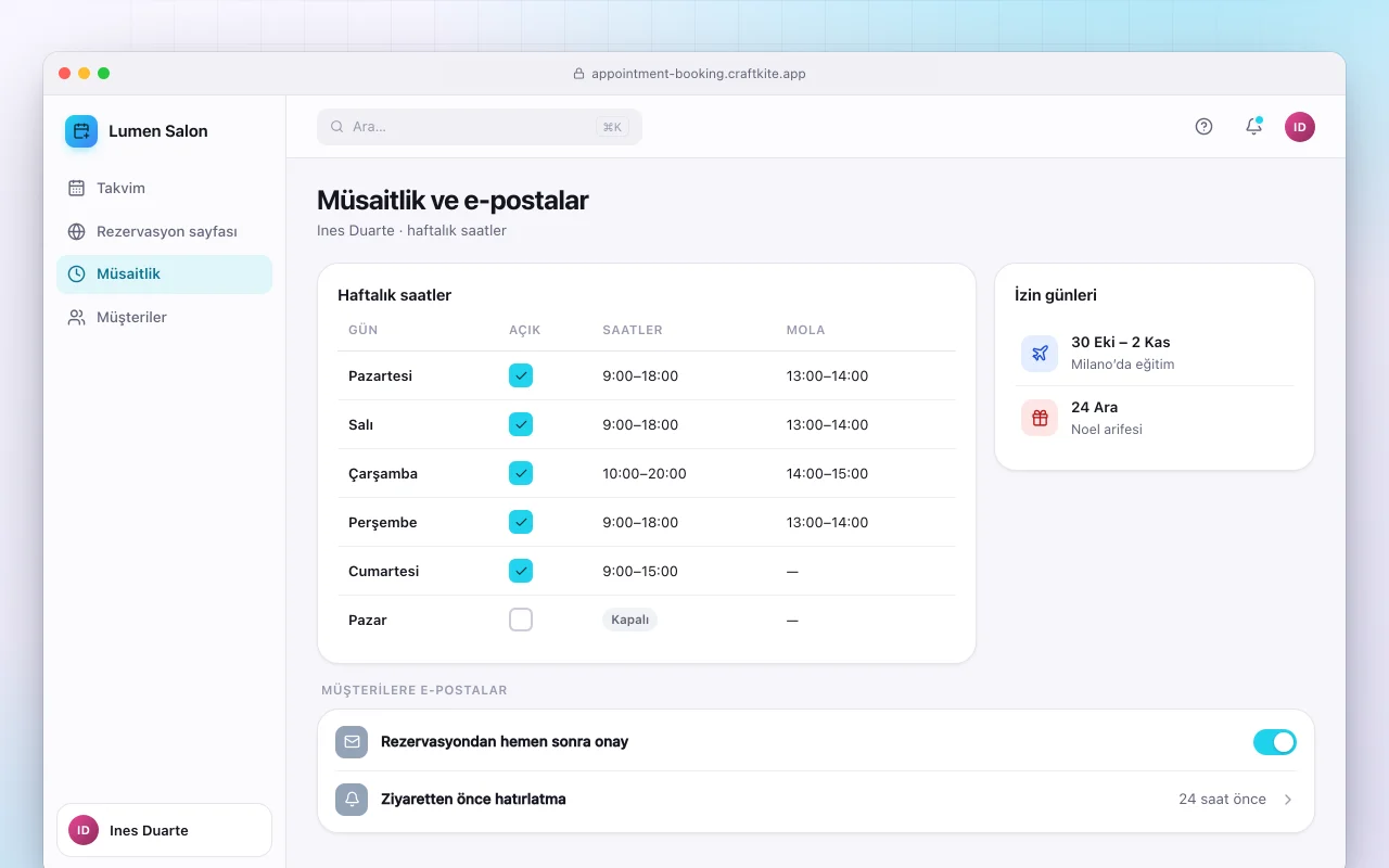 Randevu sistemi: Müsaitlik ve e-postalar ekranı