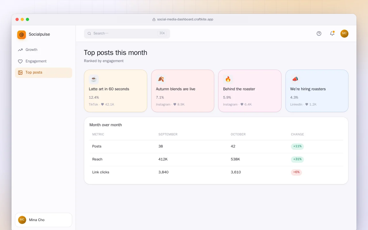 Social media dashboard: the Top posts this month screen