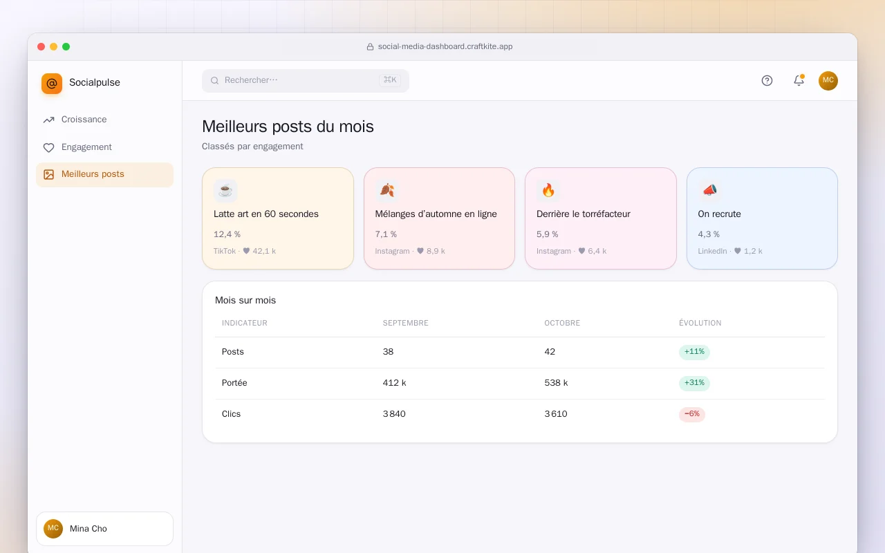 Tableau de bord des réseaux sociaux : l’écran Meilleurs posts du mois