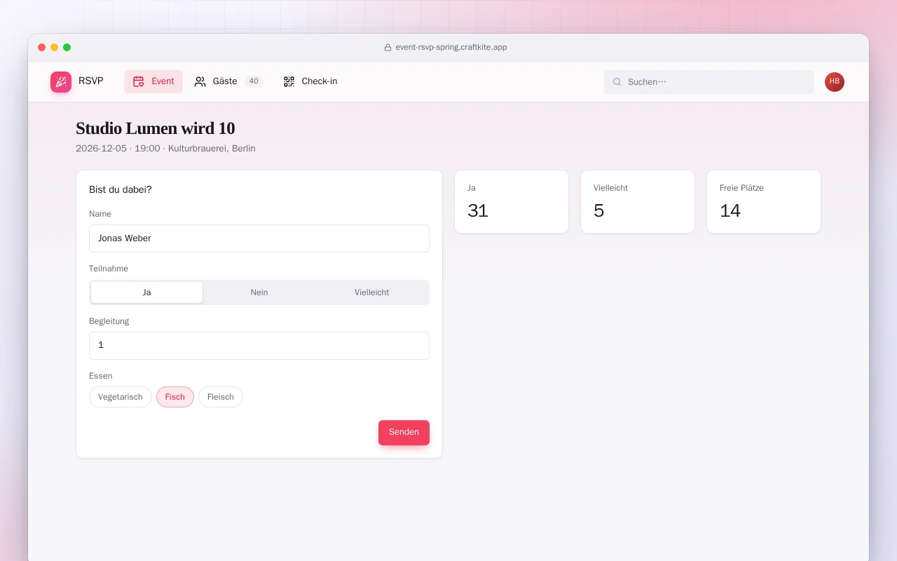 Event-Zusagen (Spring Boot): der Bildschirm „Studio Lumen wird 10“
