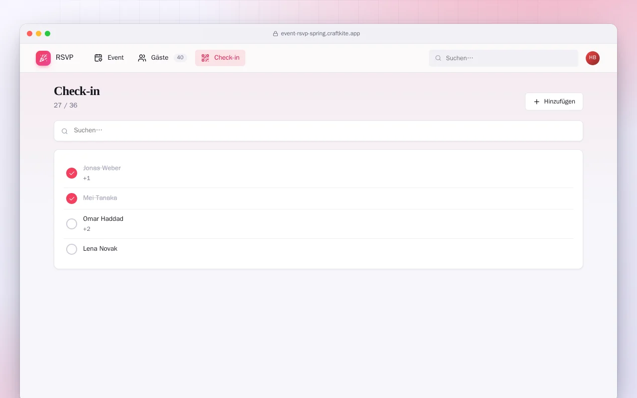 Event-Zusagen (Spring Boot): der Bildschirm „Check-in“