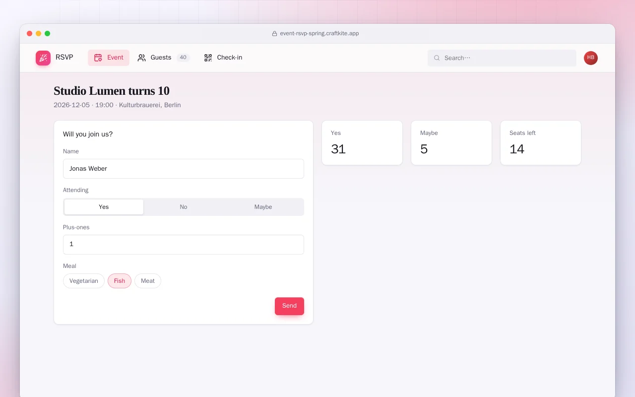 Event RSVP (Spring Boot): the Studio Lumen turns 10 screen