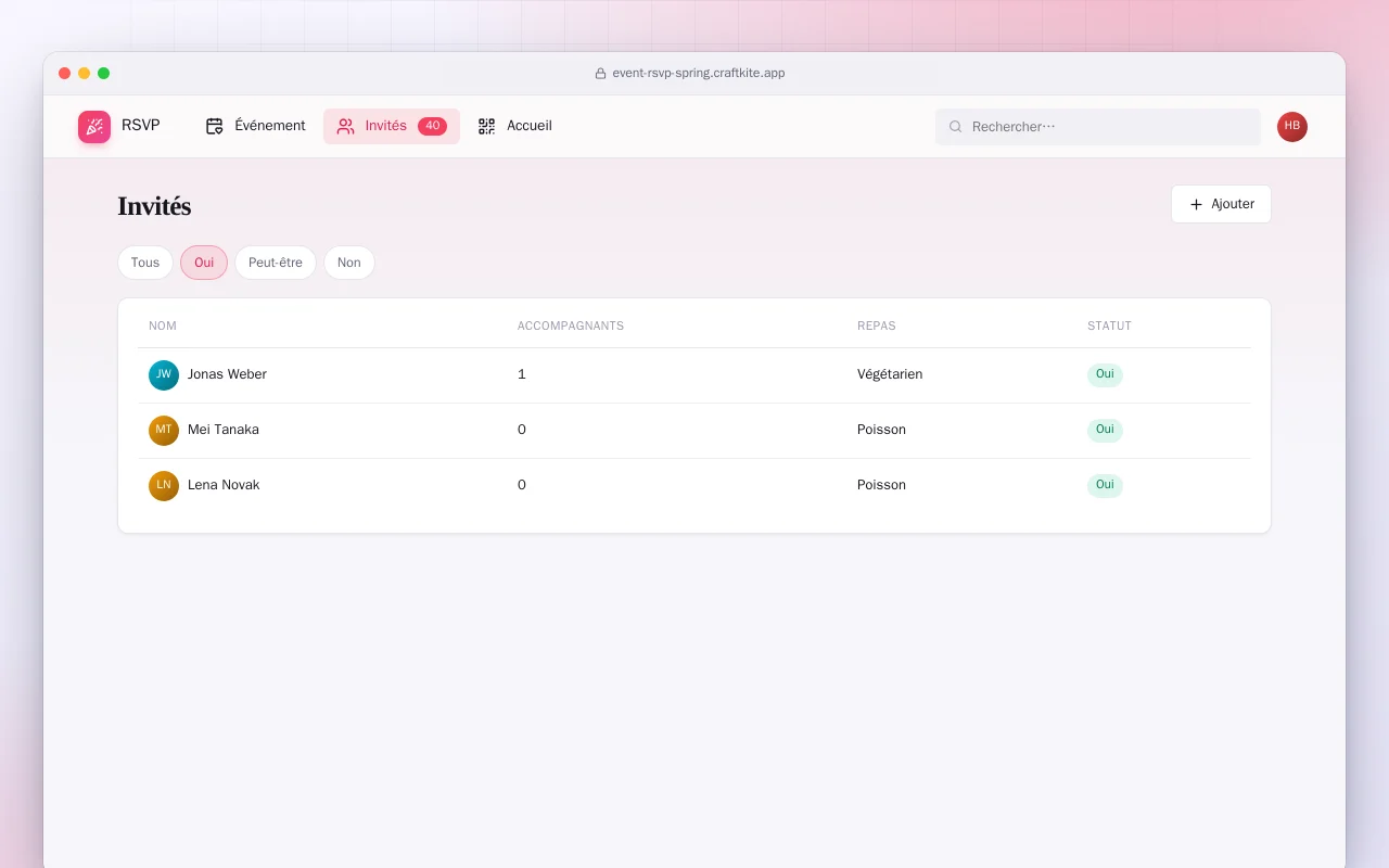 Réponses à un événement (Spring Boot) : l’écran Invités