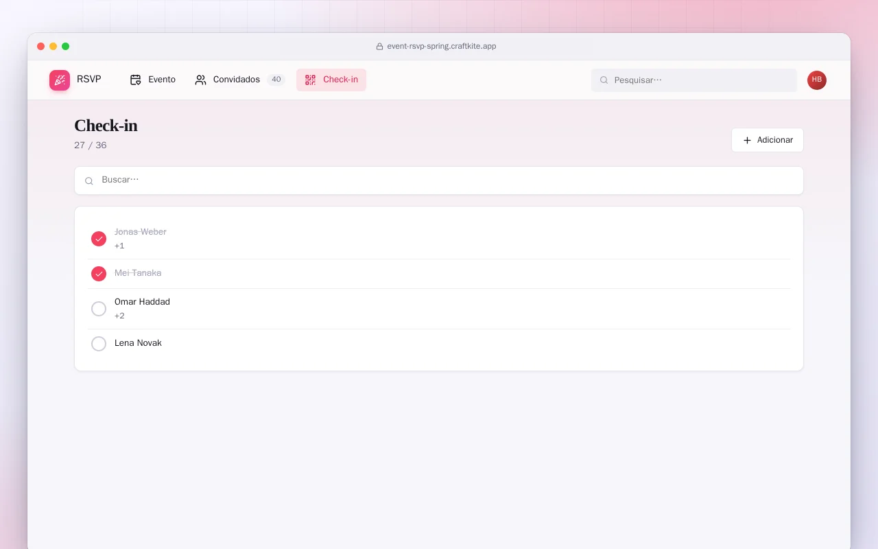 Confirmação de presença (Spring Boot): a tela Check-in