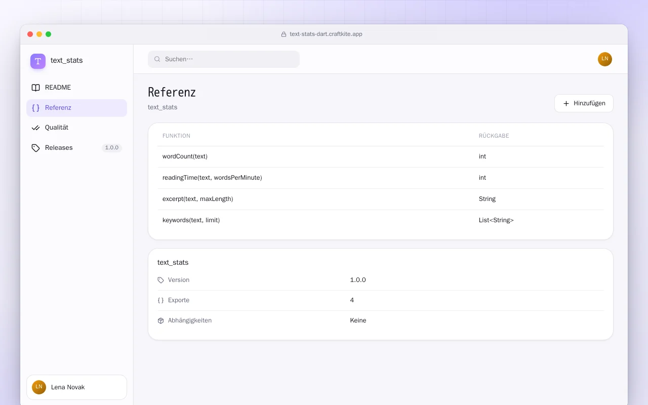 Textstatistik (Dart): der Bildschirm „Referenz“