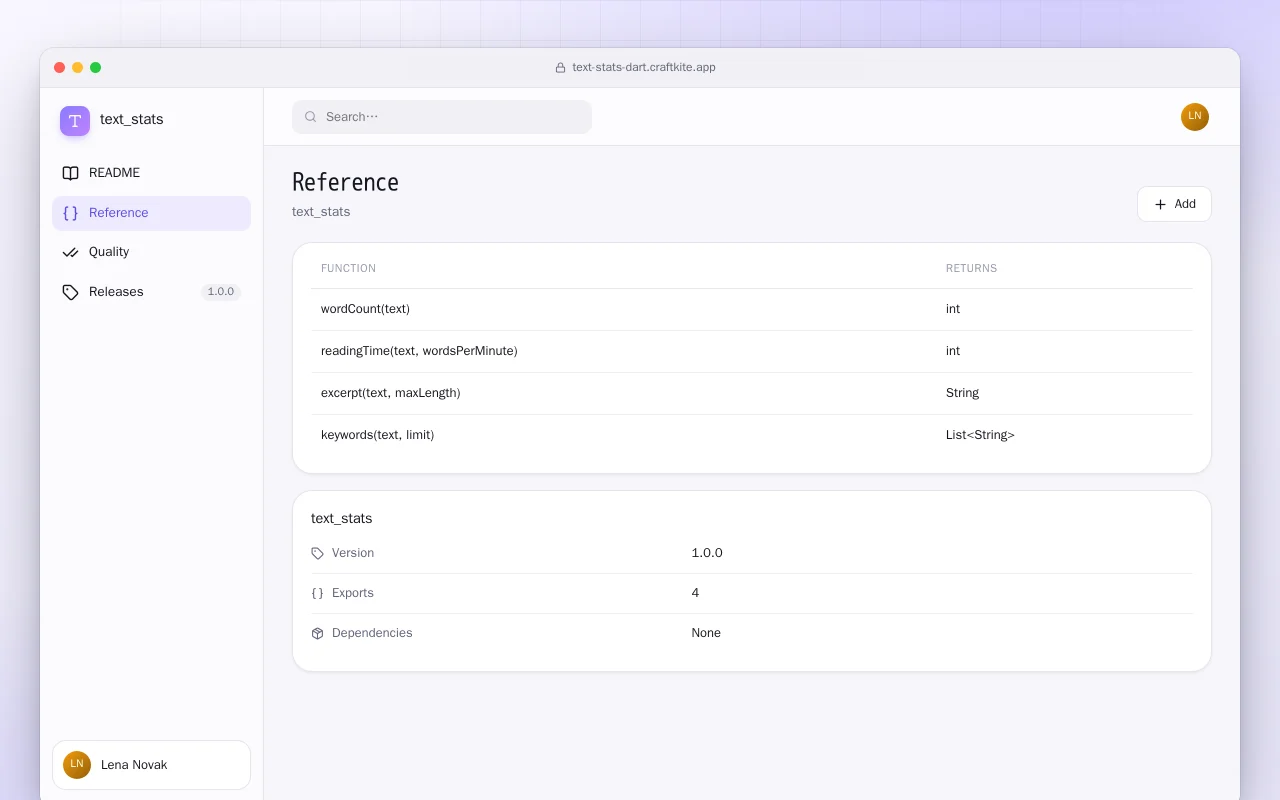 Text Stats (Dart): the Reference screen