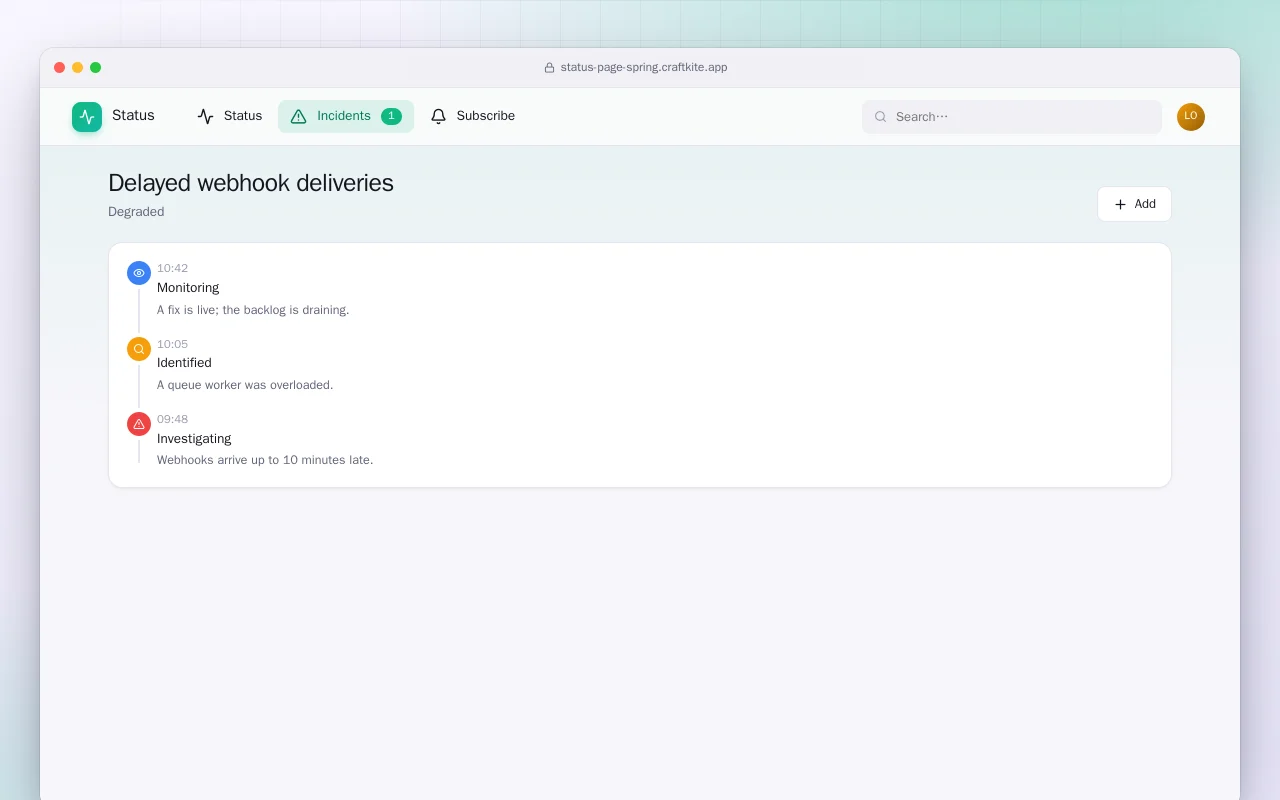 Status Page (Spring Boot): the Delayed webhook deliveries screen