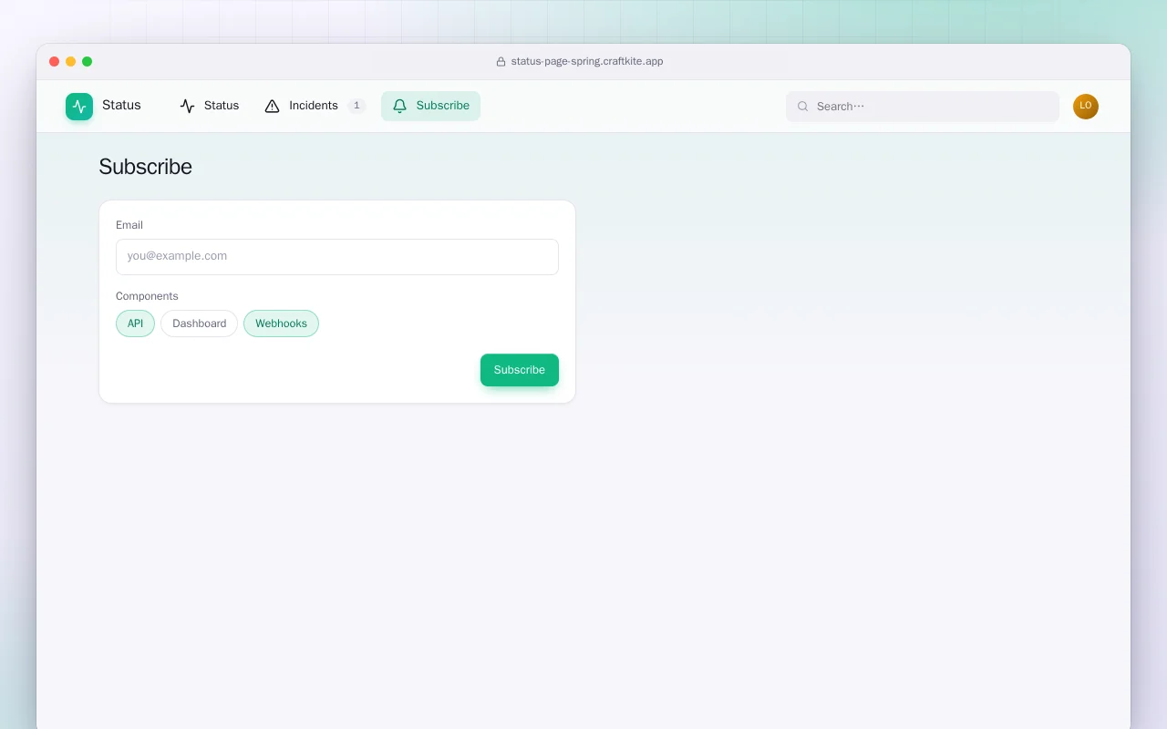 Status Page (Spring Boot): the Subscribe screen