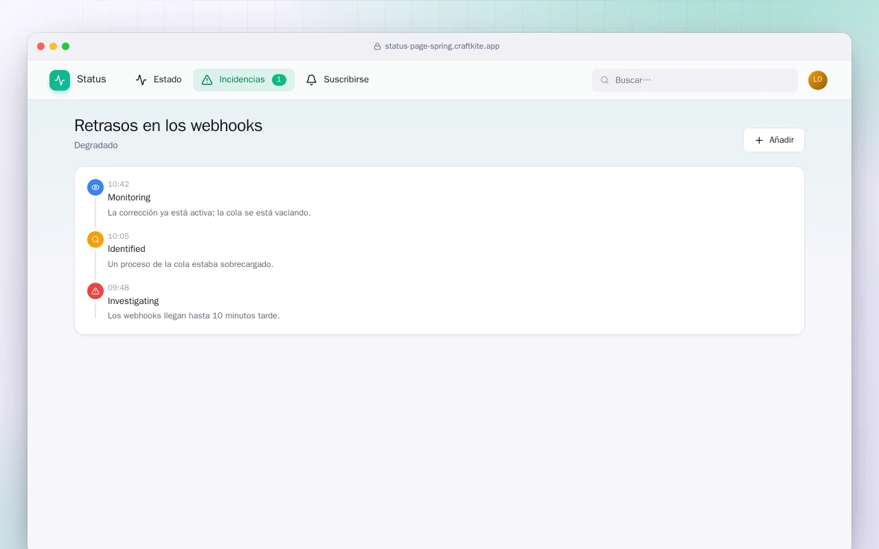Página de estado (Spring Boot): la pantalla Retrasos en los webhooks
