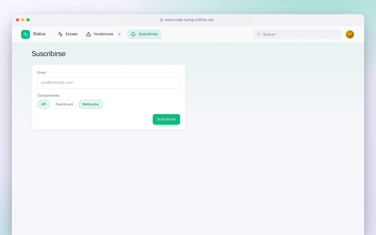 Página de estado (Spring Boot): la pantalla Suscribirse